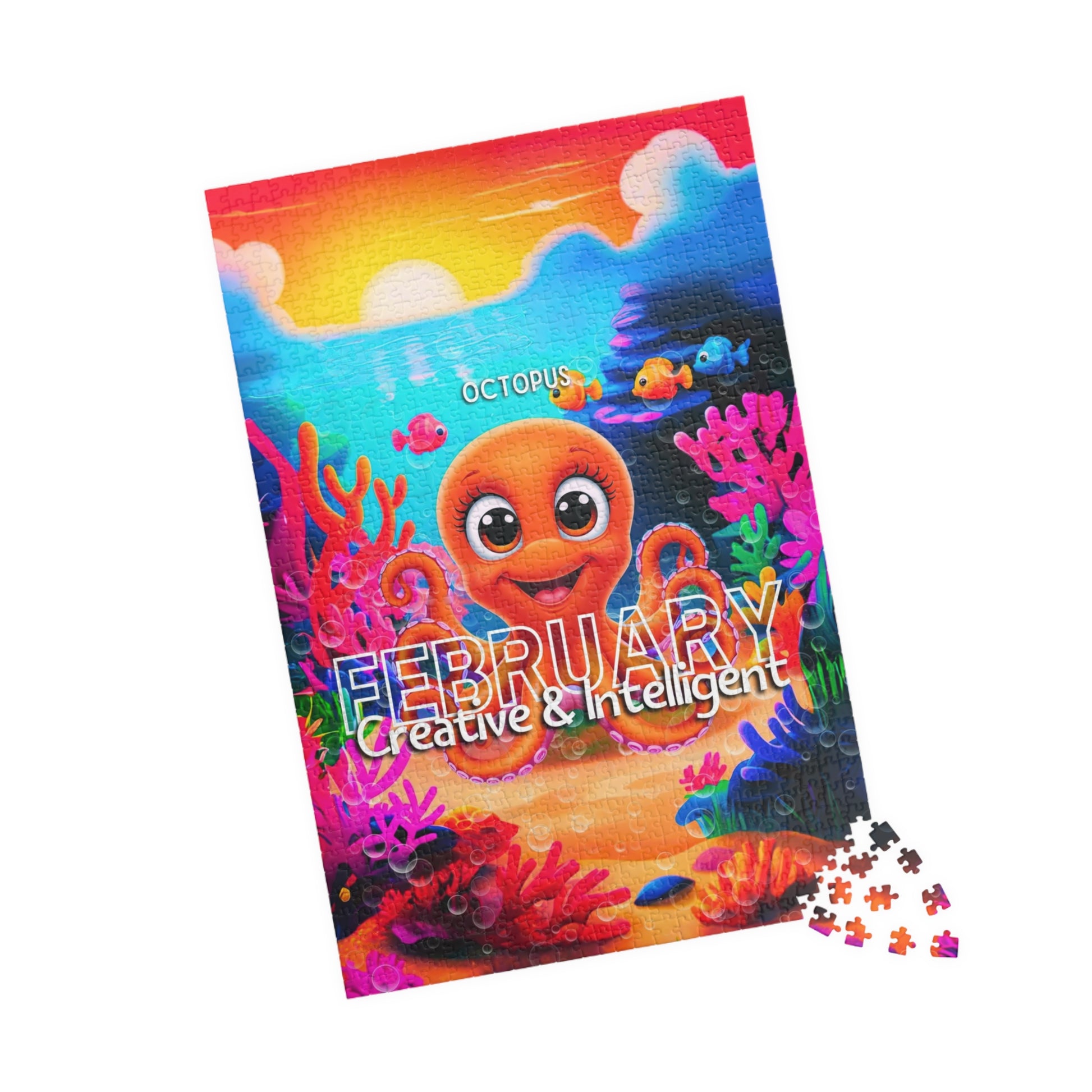 Kids birth month puzzle featuring February octopus with colorful underwater scene and playful design
