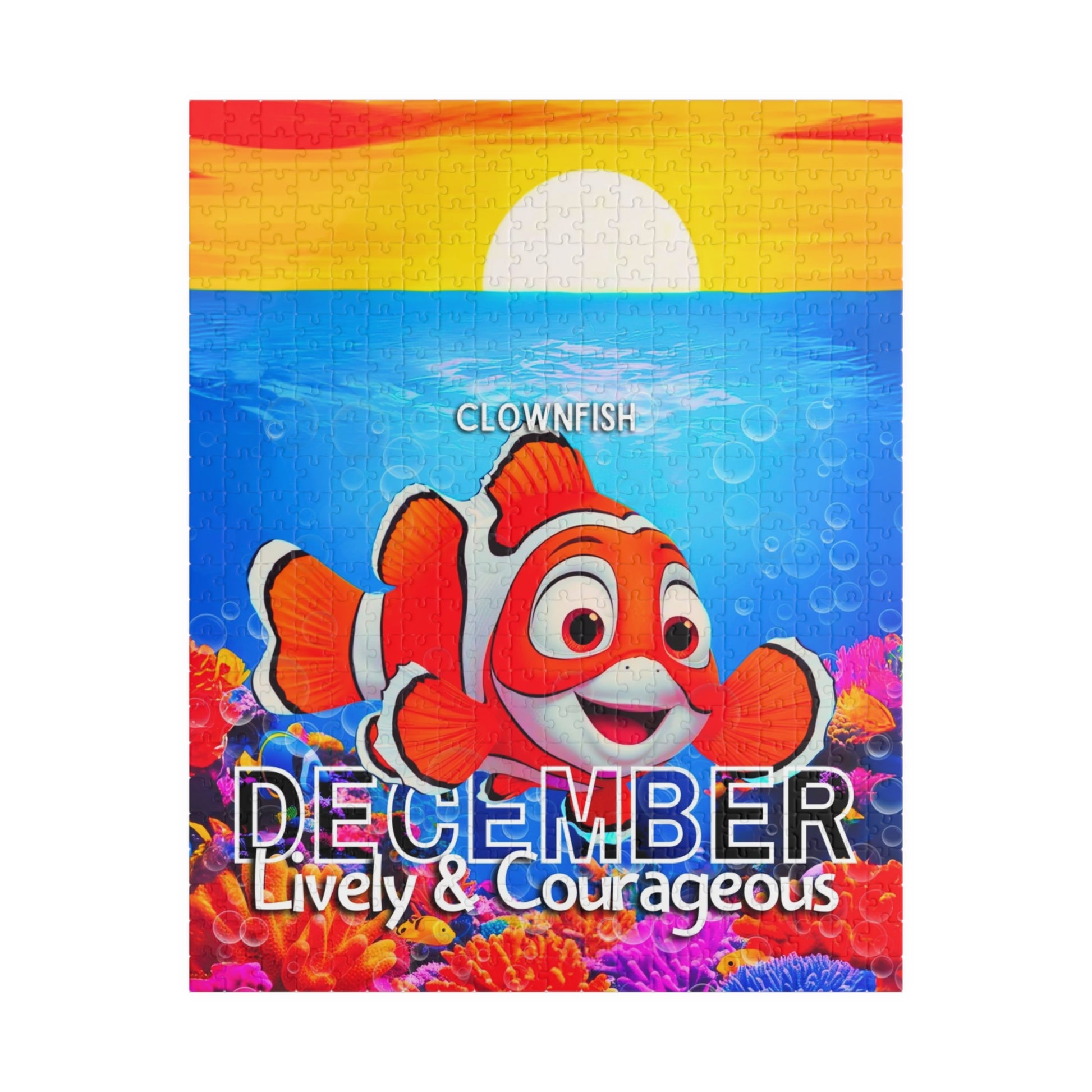 Kids birth month puzzle featuring a clownfish with December theme and colorful ocean background