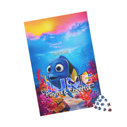 Kids birth month puzzle featuring playful blue tang fish with colorful underwater coral design