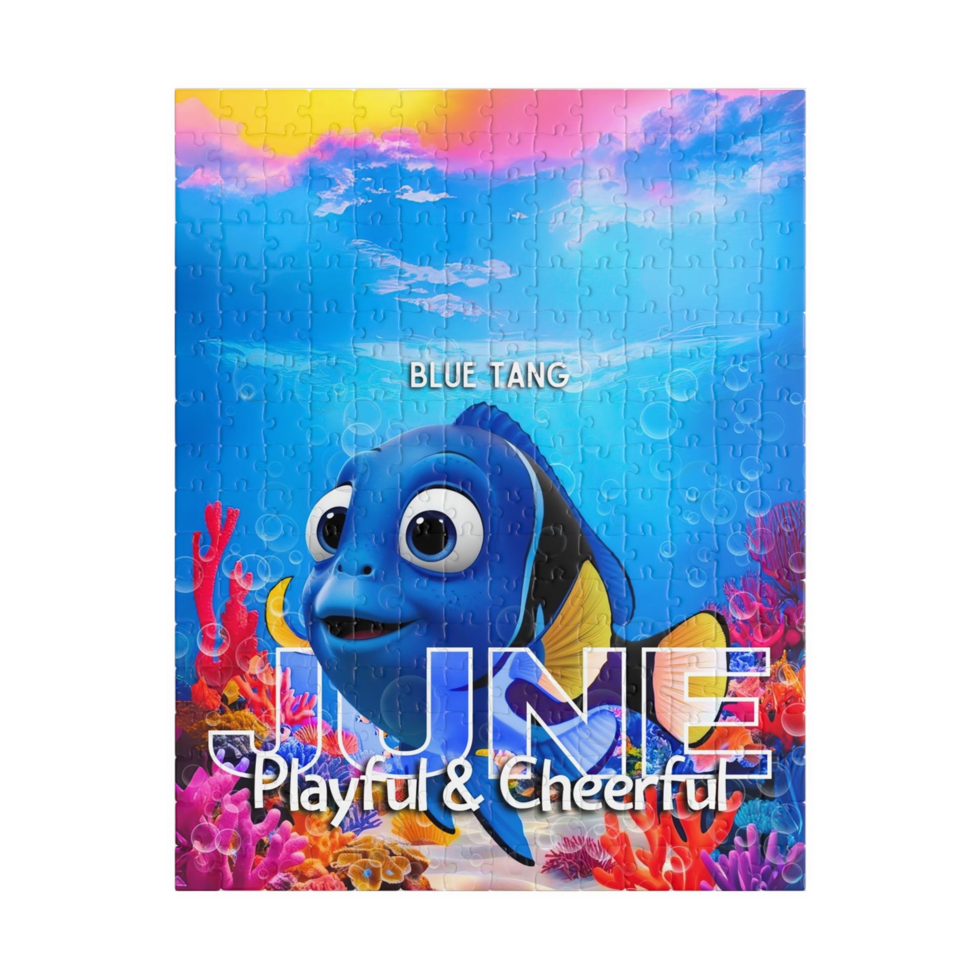Kids birth month puzzle featuring a cheerful blue tang fish with colorful coral for June