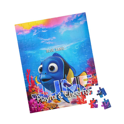 Kids birth month puzzle featuring a blue tang fish and colorful underwater scene for June