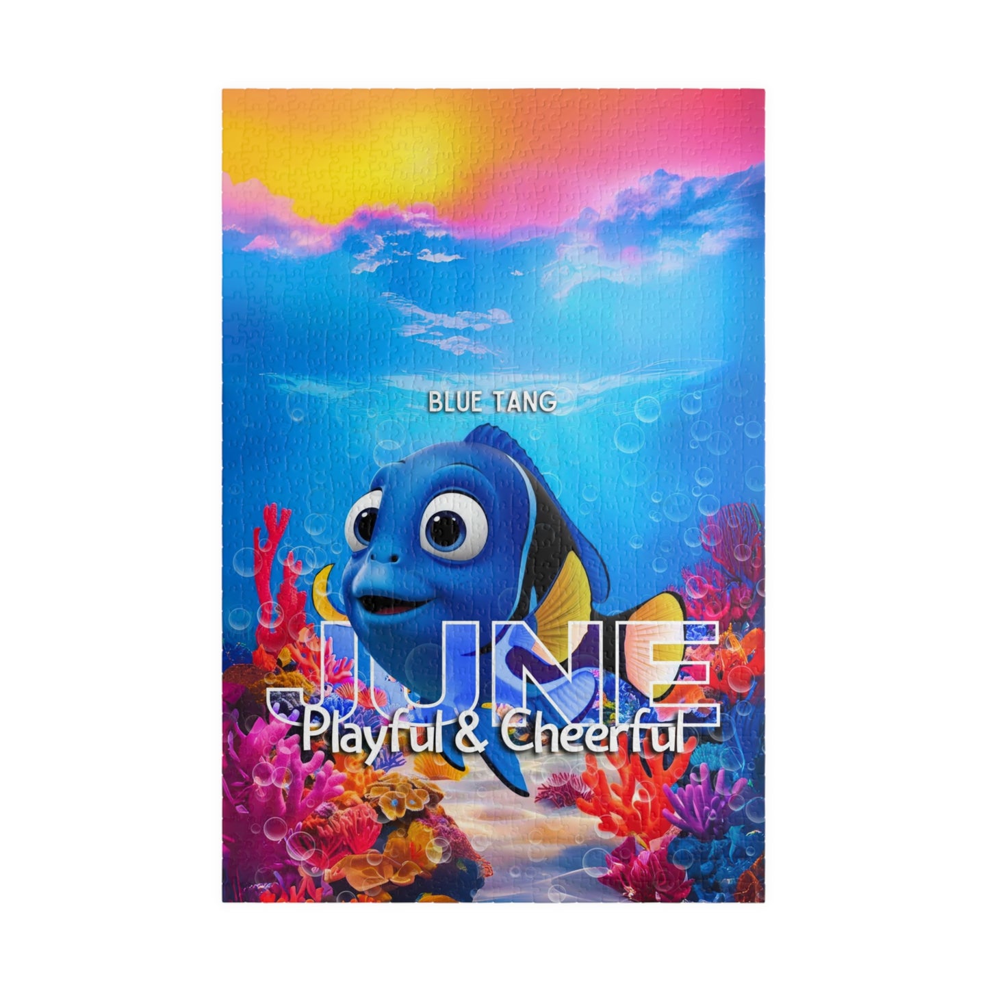 Kids birth month puzzle featuring June with playful blue tang fish underwater scene