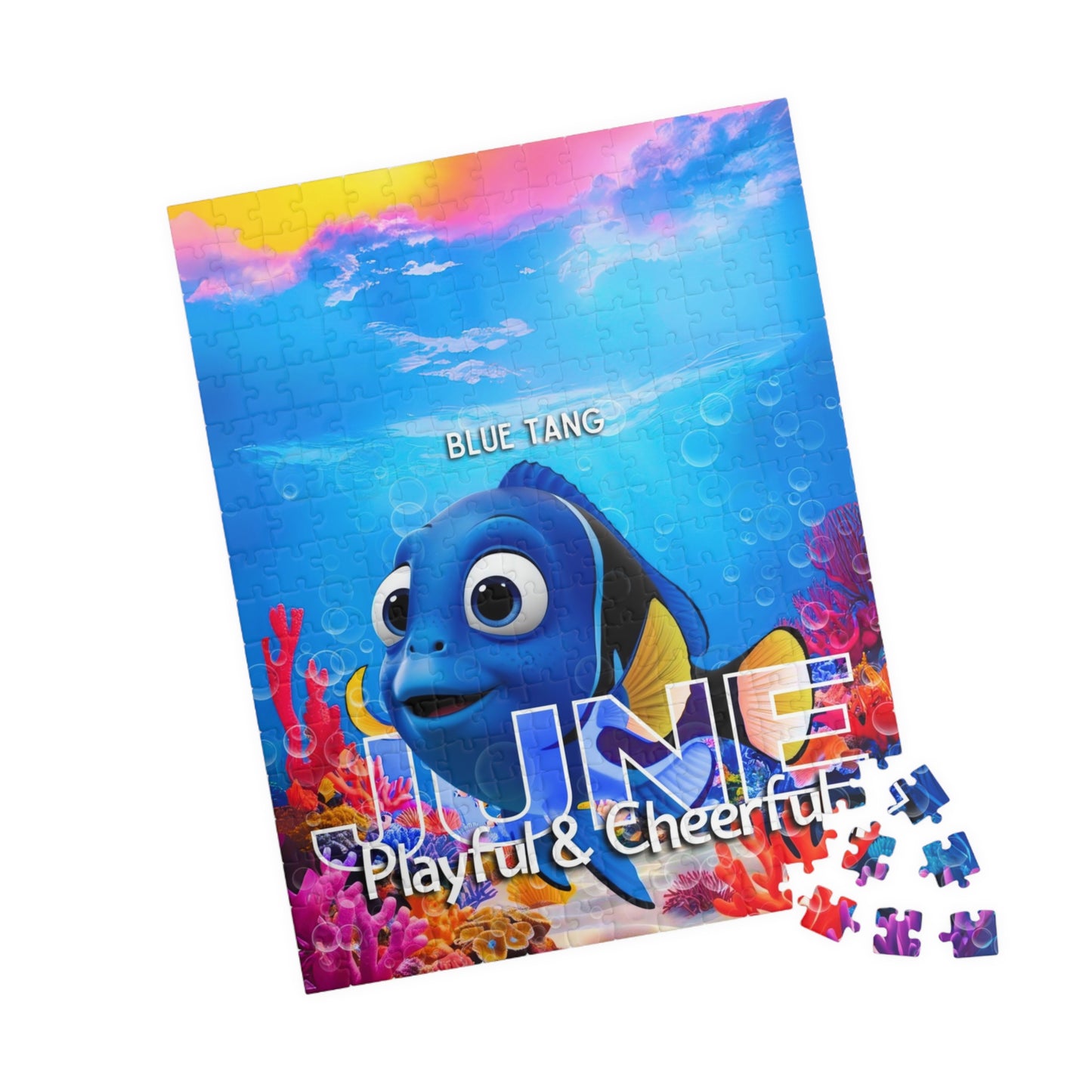 Kids birth month puzzle featuring a playful blue tang fish design for the month of June