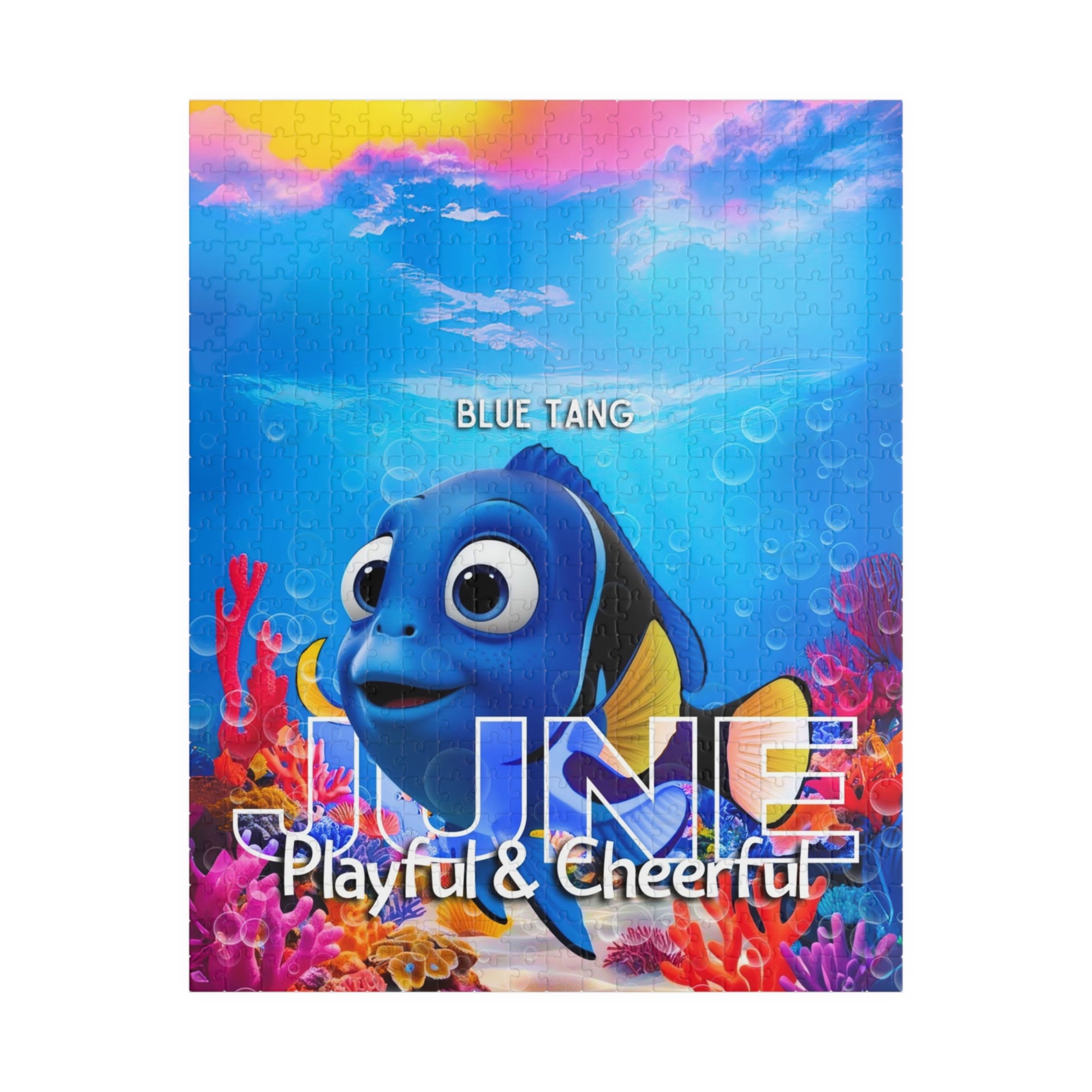 June kids birth month puzzle featuring a playful blue tang fish with colorful underwater coral