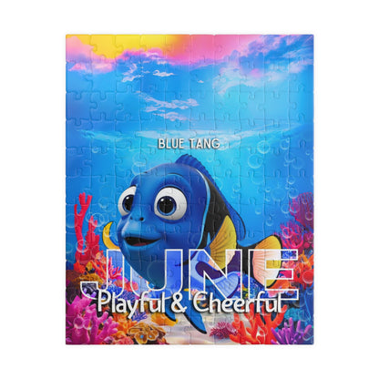 Kids birth month puzzle featuring a playful blue tang fish with colorful underwater scene for June