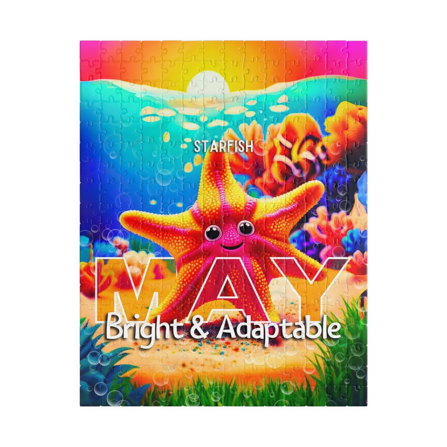 Kids birth month puzzle featuring a colorful May starfish design with bright and adaptable text