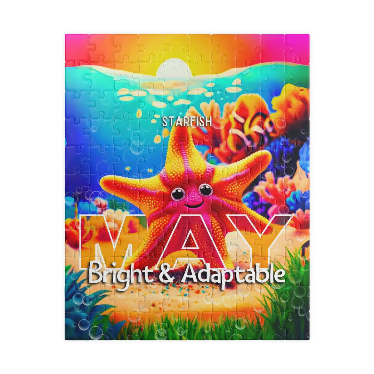 Colorful kids birth month puzzle featuring a starfish for the month of May with bright underwater design