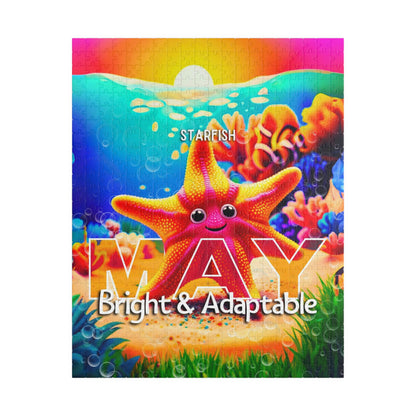 Colorful kids birth month puzzle for May featuring a smiling starfish and underwater scene