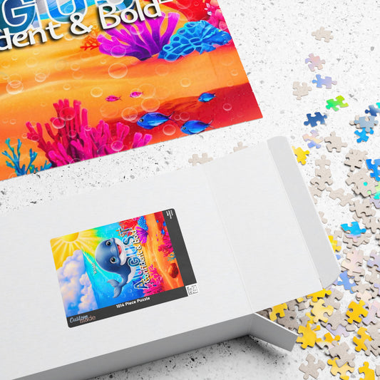 Kids birth month puzzle with colorful underwater sea life design and scattered pieces