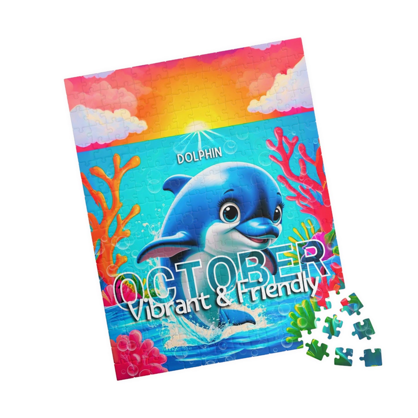 Kids birth month puzzle featuring a vibrant dolphin and ocean scene for October