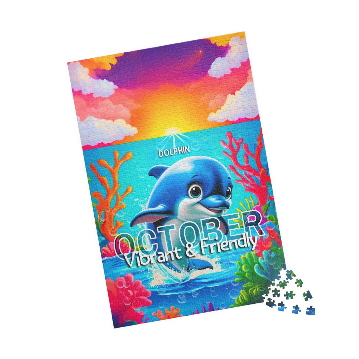 Kids birth month puzzle featuring October with a vibrant dolphin underwater scene