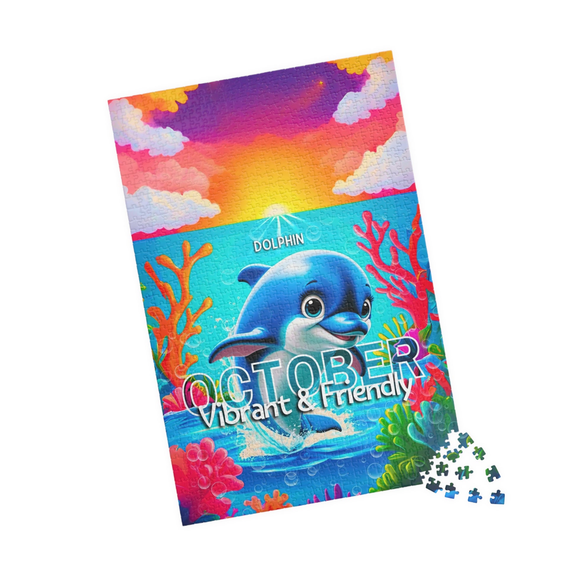 Kids birth month puzzle featuring October with a vibrant dolphin underwater scene