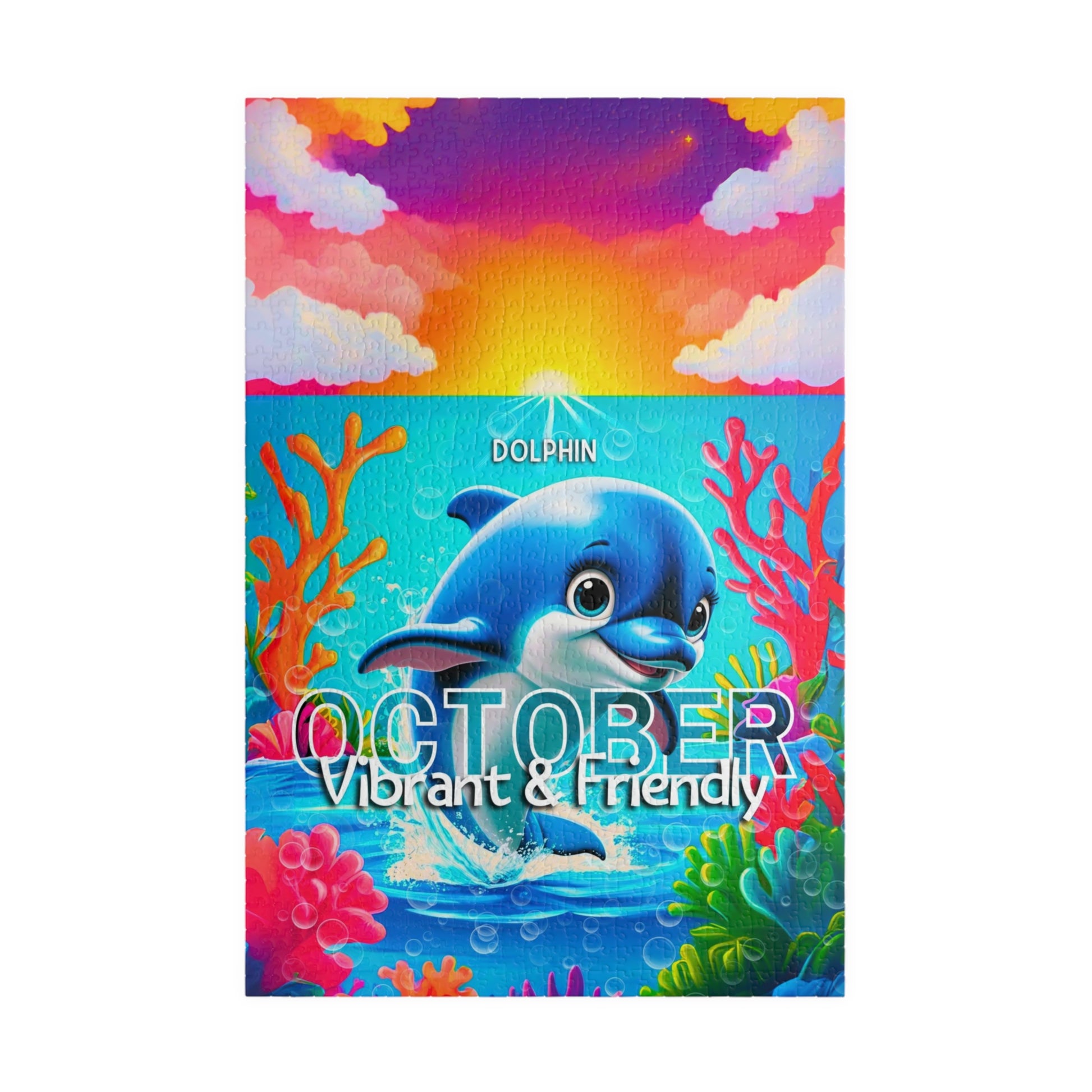 Kids birth month puzzle October dolphin design with vibrant colorful underwater scene