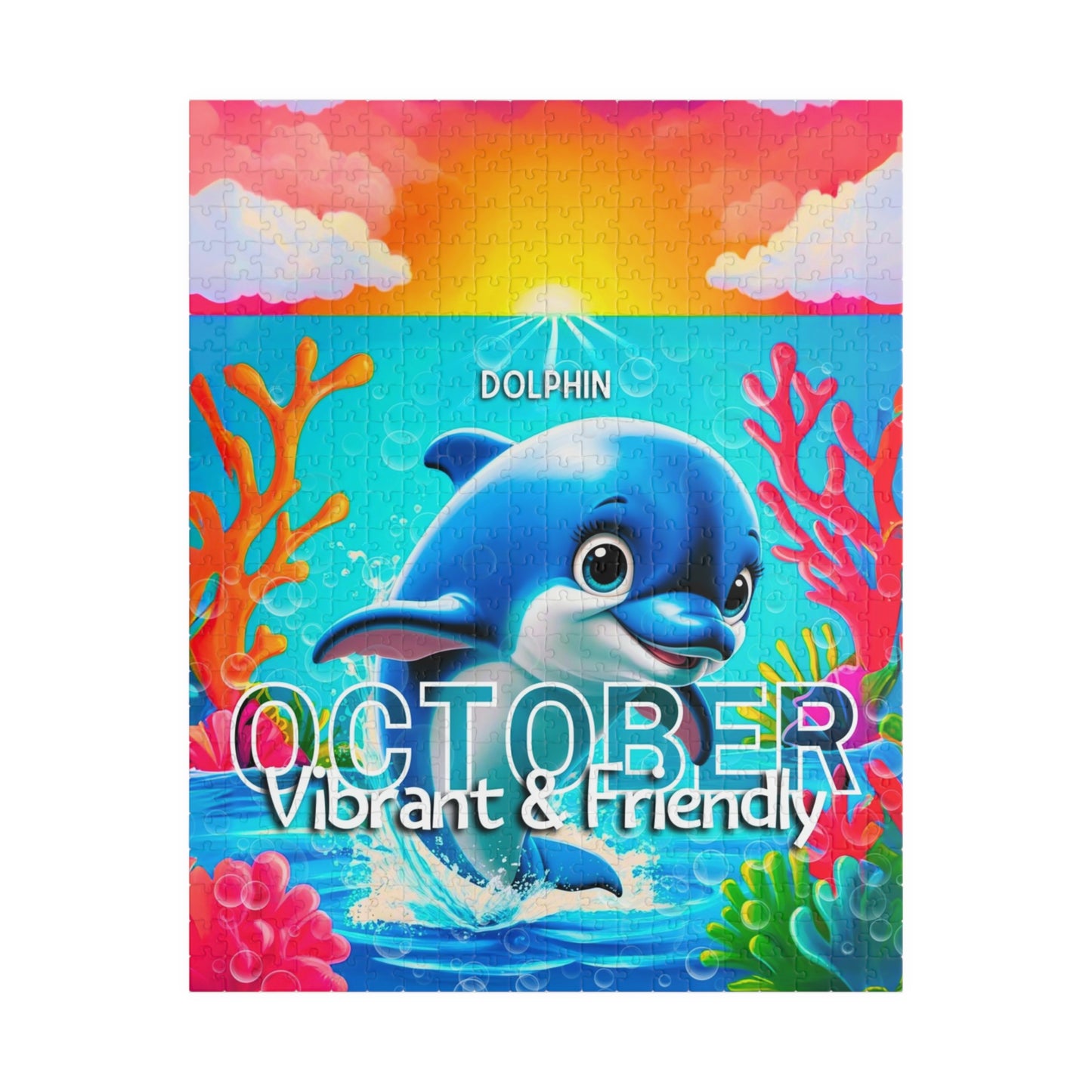 Kids birth month puzzle featuring a friendly dolphin and vibrant ocean scene for October