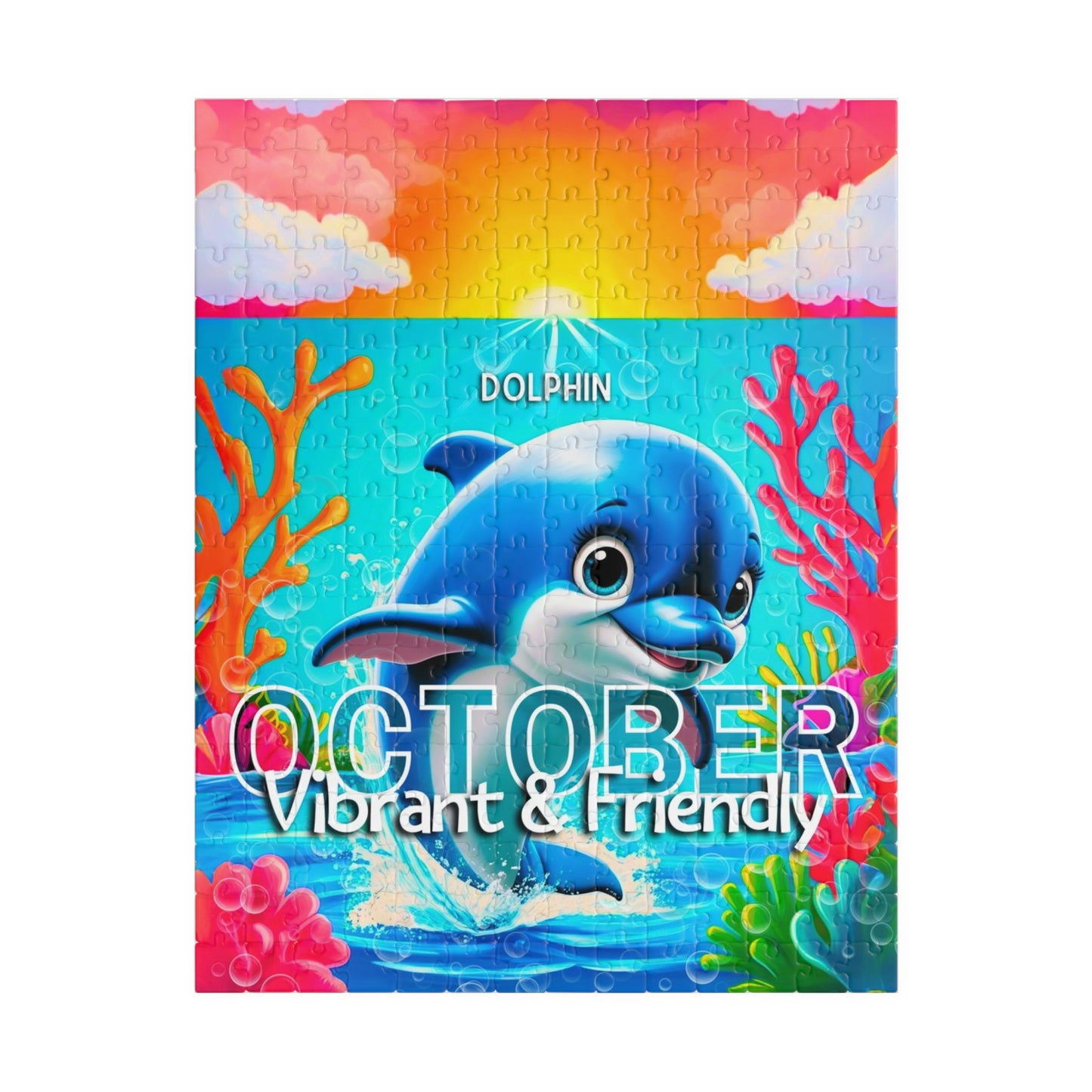 Kids birth month puzzle featuring a vibrant dolphin with October text and colorful underwater scene