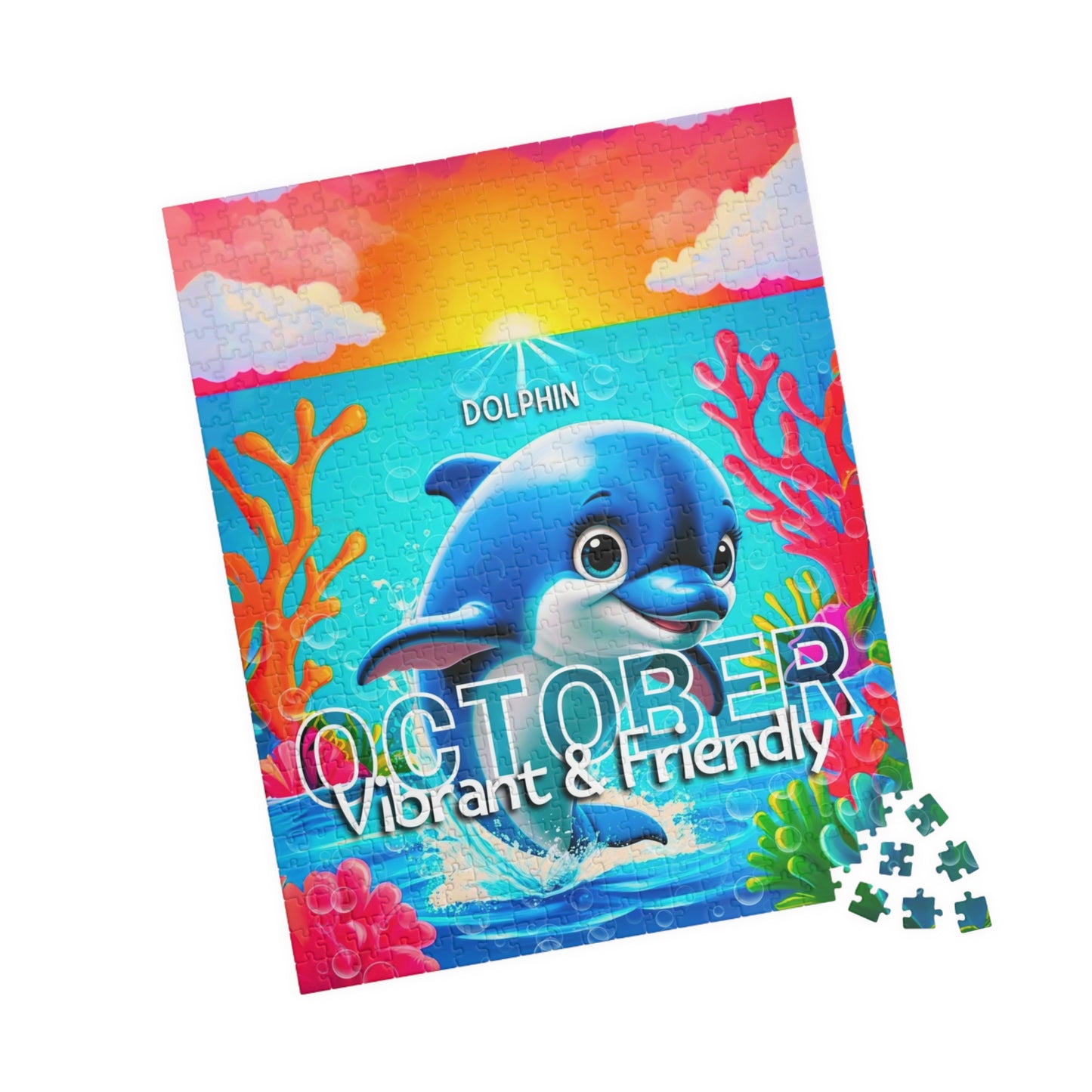 Kids birth month puzzle featuring a vibrant dolphin design and colorful ocean scene for October