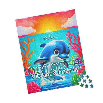 Kids birth month puzzle featuring a vibrant dolphin design and colorful ocean scene for October