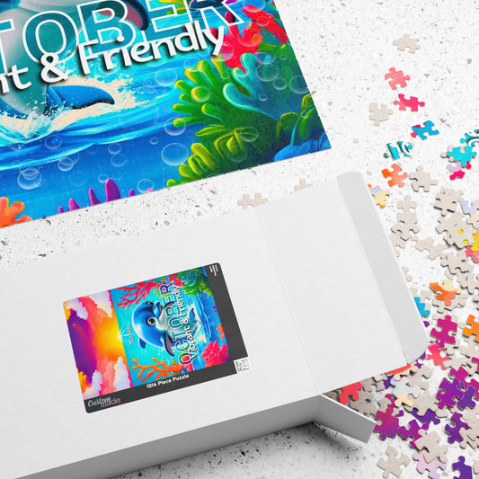 Kids birth month puzzle with colorful ocean theme and dolphin design in white box with scattered pieces