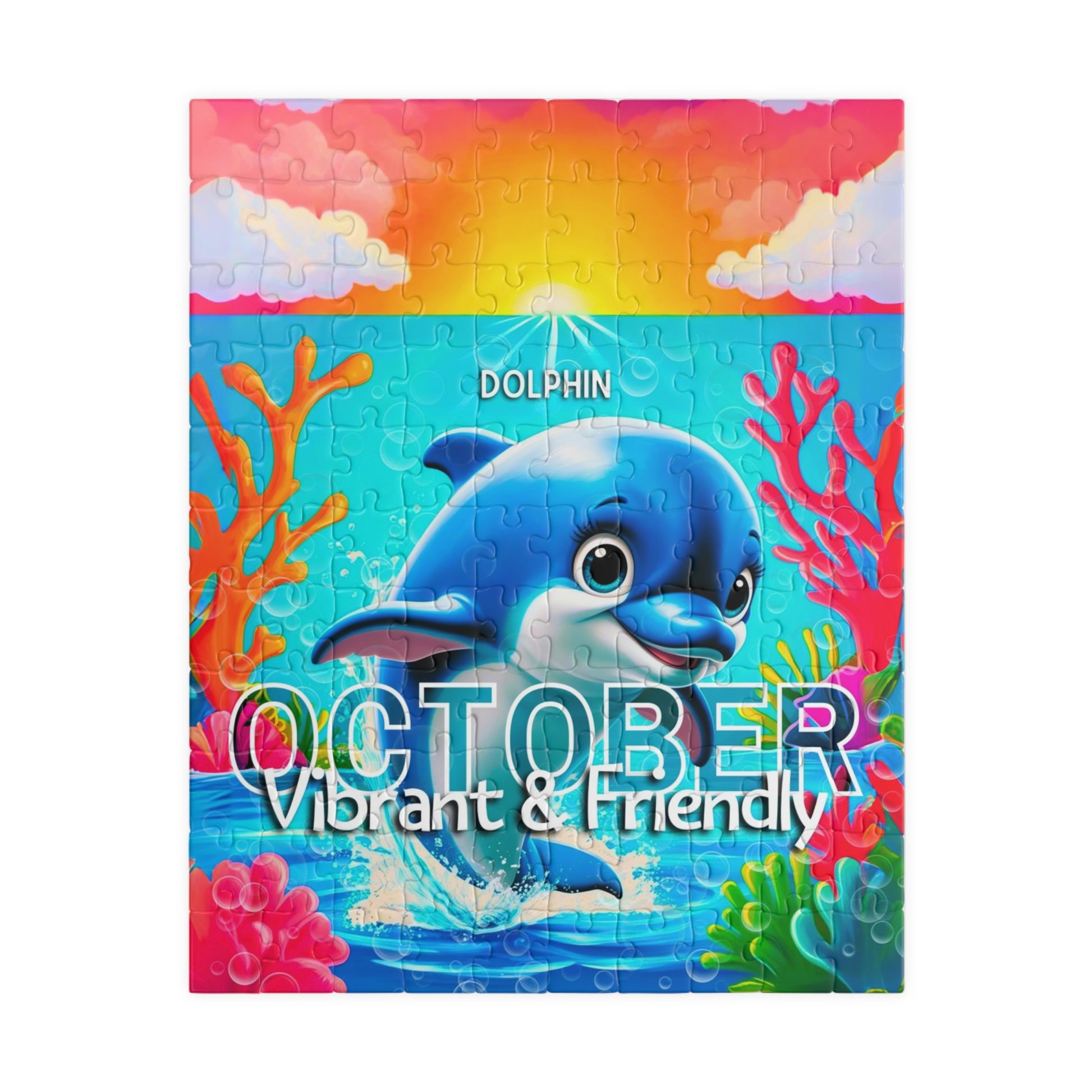 Kids birth month puzzle featuring a vibrant dolphin for October with colorful underwater scene