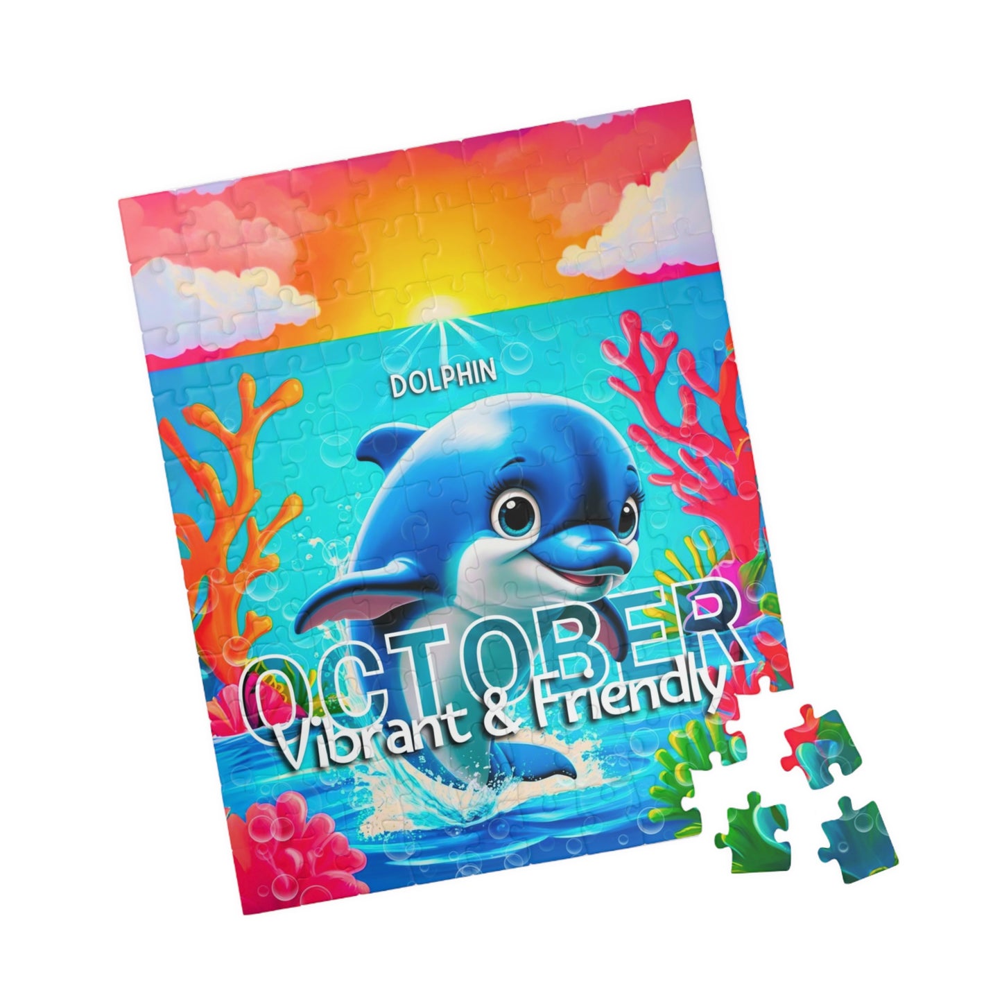 Kids birth month puzzle featuring a vibrant dolphin themed October design with colorful ocean scenery