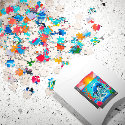 Kids birth month puzzle with colorful ocean-themed pieces scattered on white surface