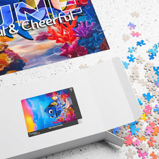 Kids birth month puzzle with colorful ocean theme and scattered puzzle pieces on white surface