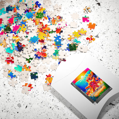 Kids birth month puzzle with colorful scattered pieces and starfish design box on a white surface