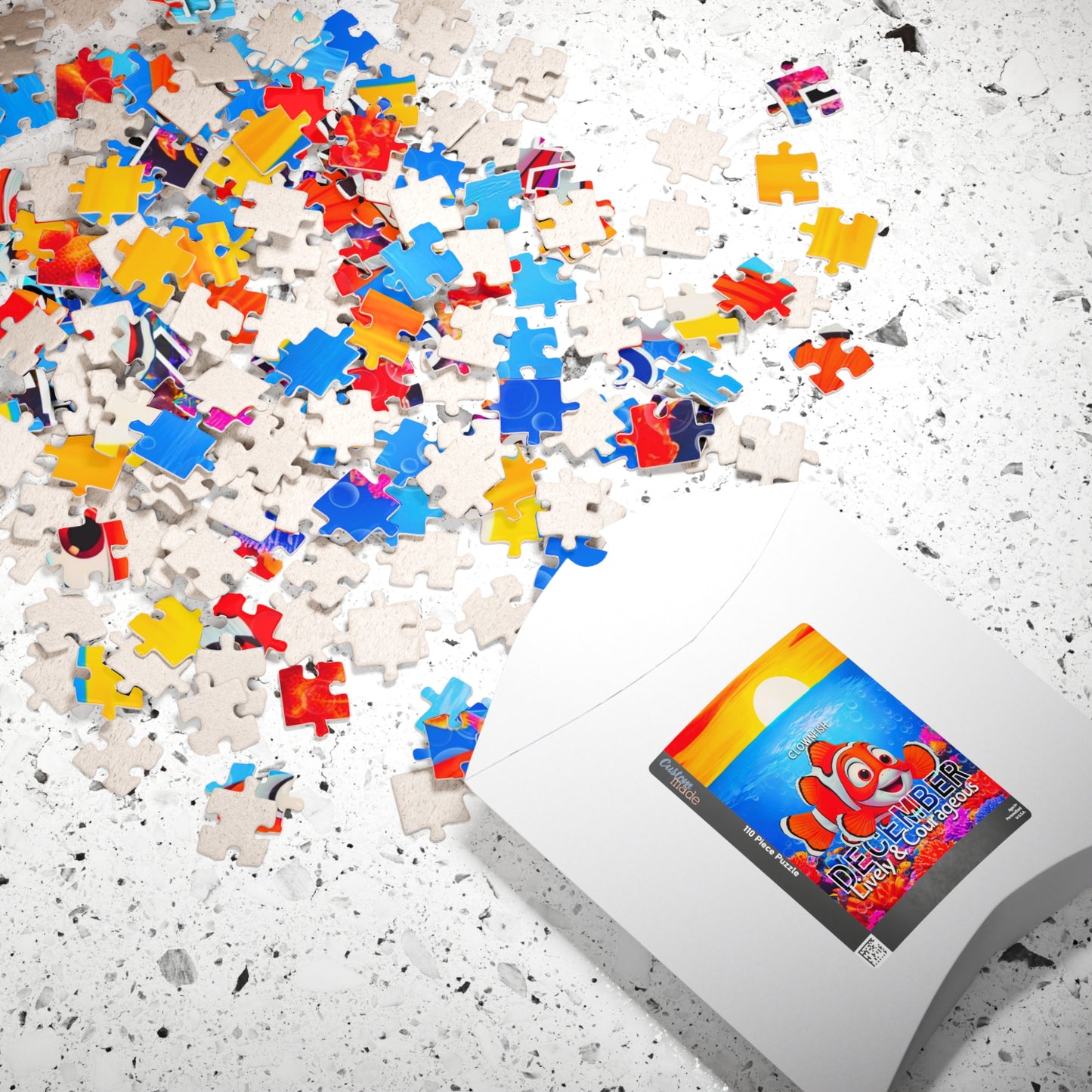 Kids birth month puzzle with colorful scattered pieces and themed ocean design box