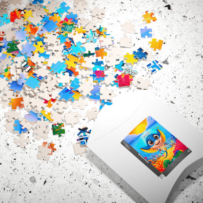 Kids birth month puzzle with colorful scattered pieces and playful animal design on white surface
