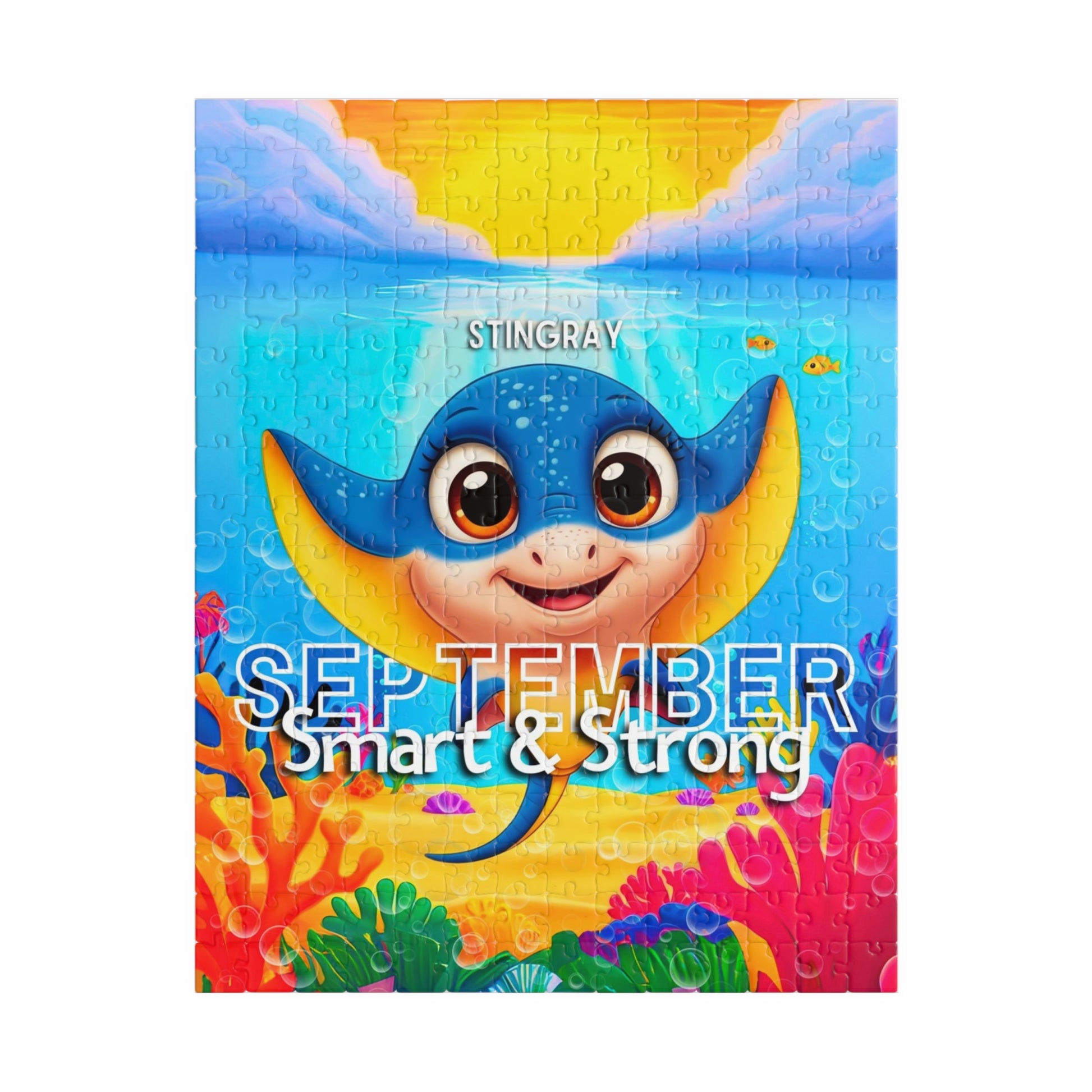 Kids birth month puzzle featuring a colorful stingray and September theme with smart and strong text