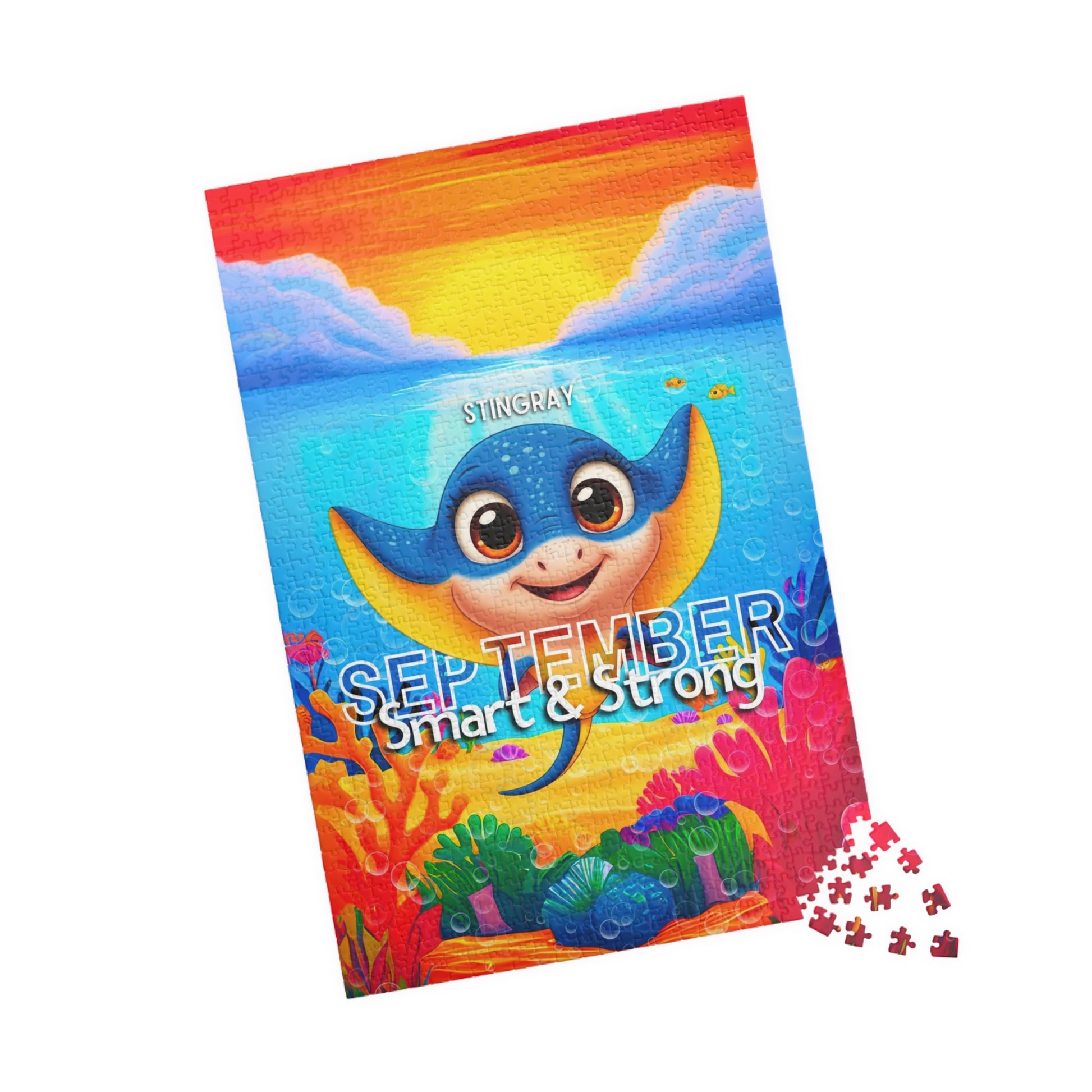 Kids birth month puzzle featuring a colorful stingray for September with ocean and coral design
