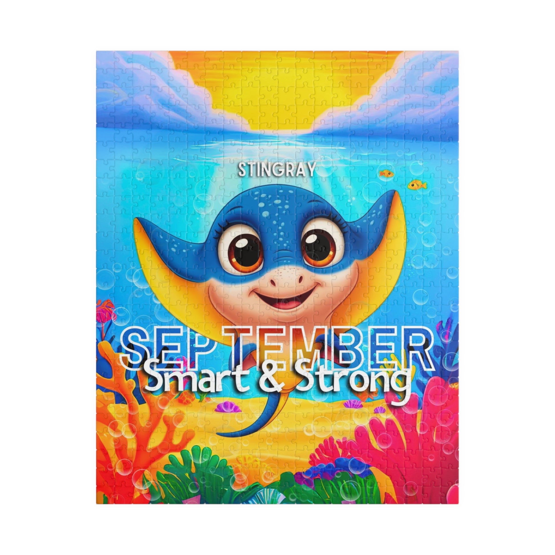 Kids birth month puzzle featuring a colorful stingray with September text and underwater scene