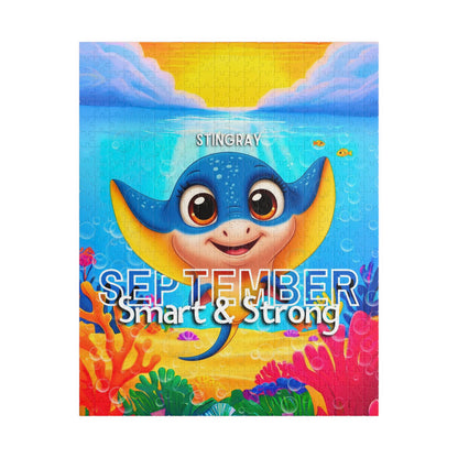 Kids birth month puzzle featuring a colorful stingray with September text and underwater scene