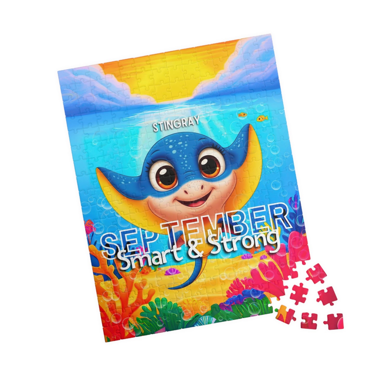Kids birth month puzzle featuring a cute stingray with colorful underwater scene for September