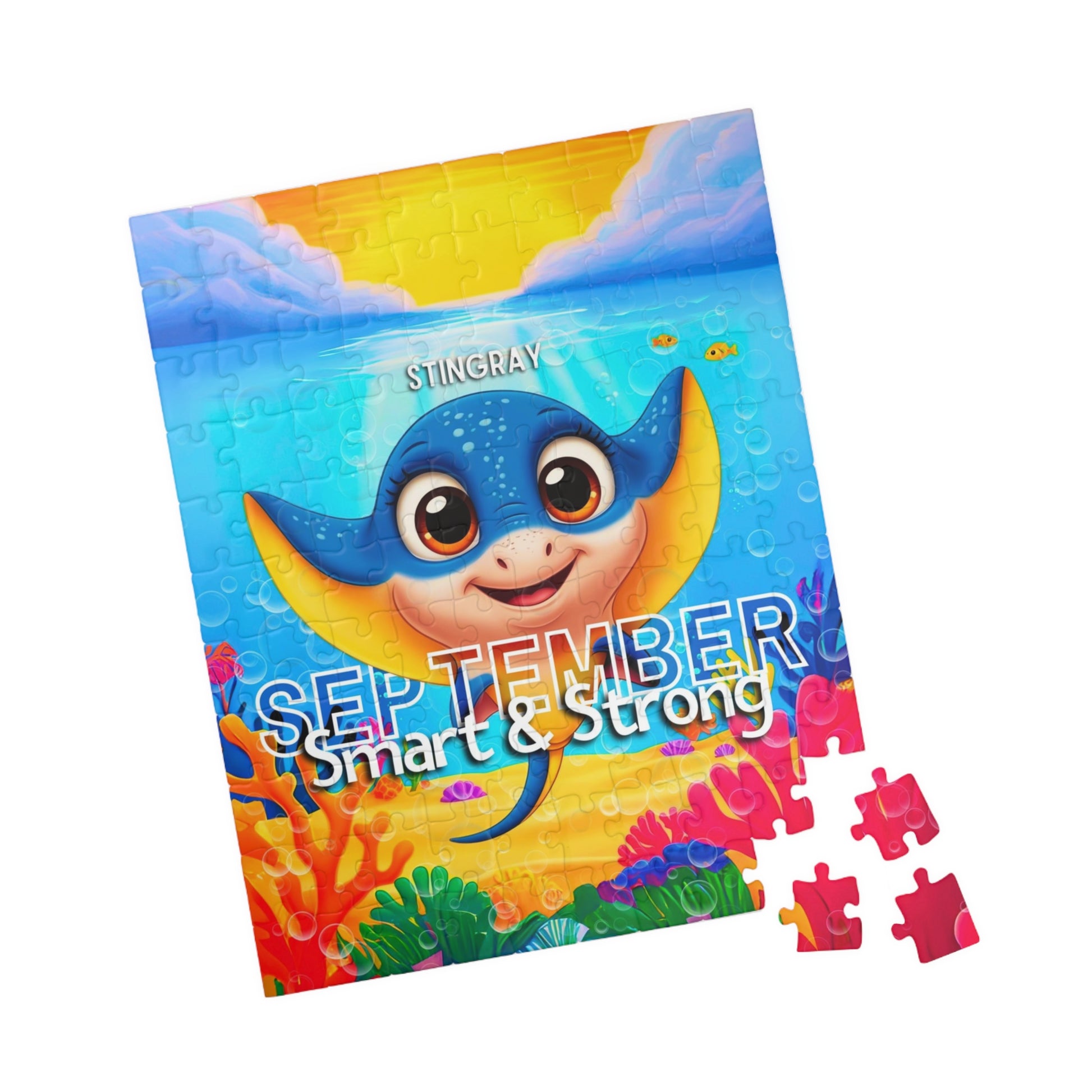 Kids birth month puzzle for September featuring a cute stingray and colorful underwater scene