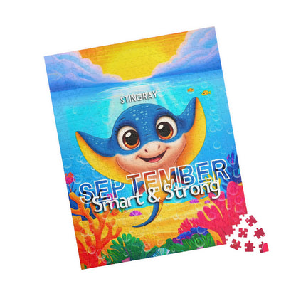 Kids birth month puzzle featuring a colorful stingray for September with smart and strong text