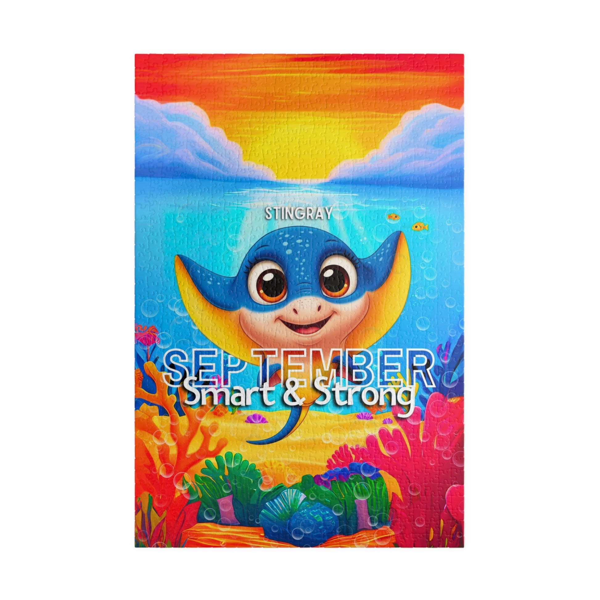 Kids birth month puzzle September with a cute stingray and colorful underwater scene