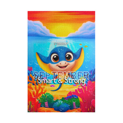 Kids birth month puzzle September with a cute stingray and colorful underwater scene