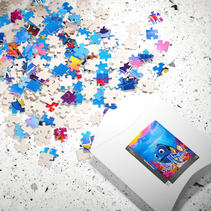 Kids birth month puzzle with colorful scattered pieces and themed packaging on a textured surface