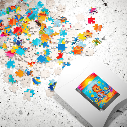 Kids birth month puzzle with colorful scattered pieces and white packaging on a textured surface