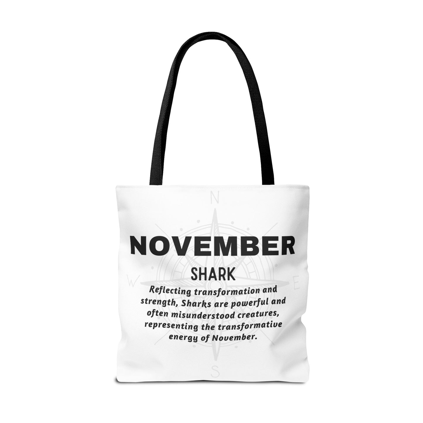 White birth month beach tote with November shark design and black handles 