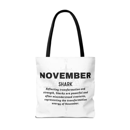 White birth month beach tote with November shark design and black handles 
