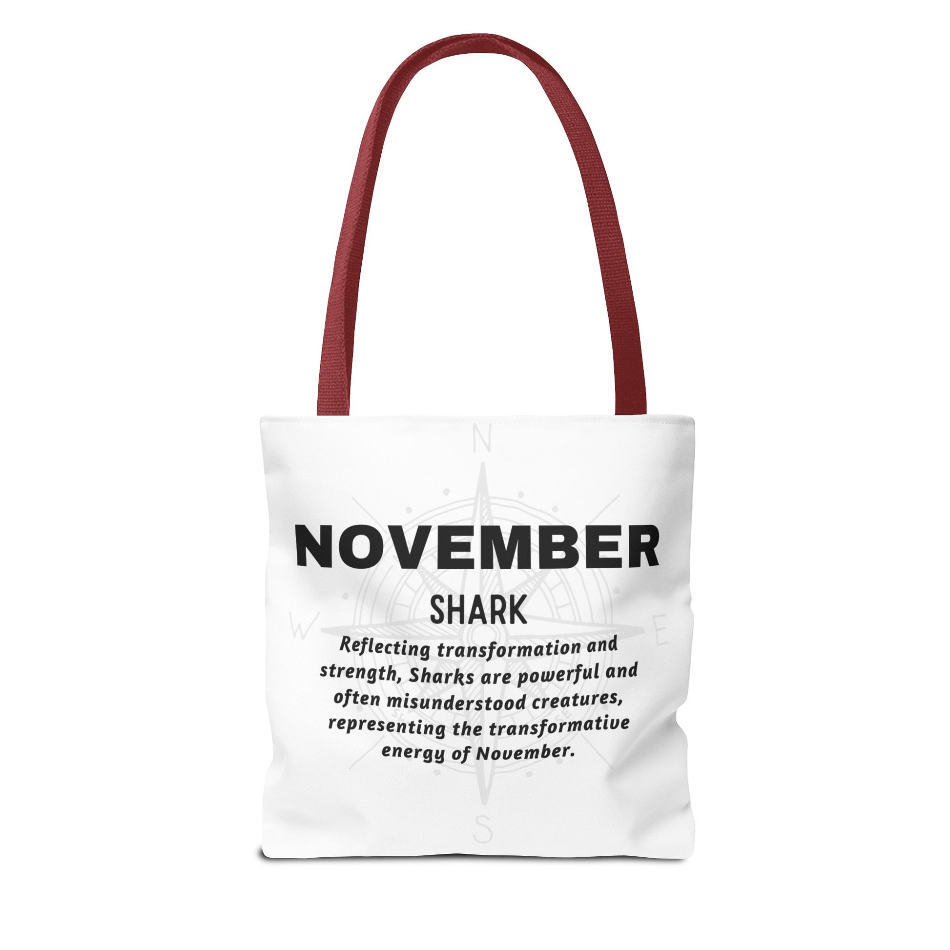 November shark birth month beach tote with maroon handles and inspiring text design