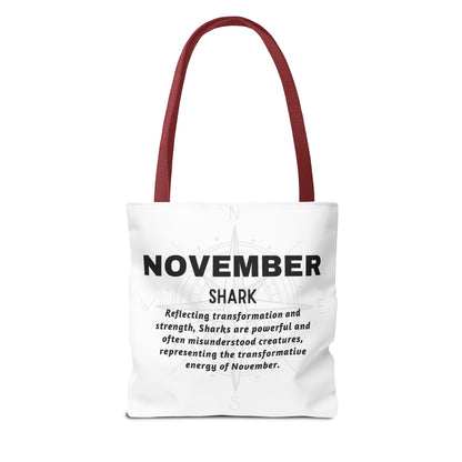 November shark birth month beach tote with maroon handles and inspiring text design