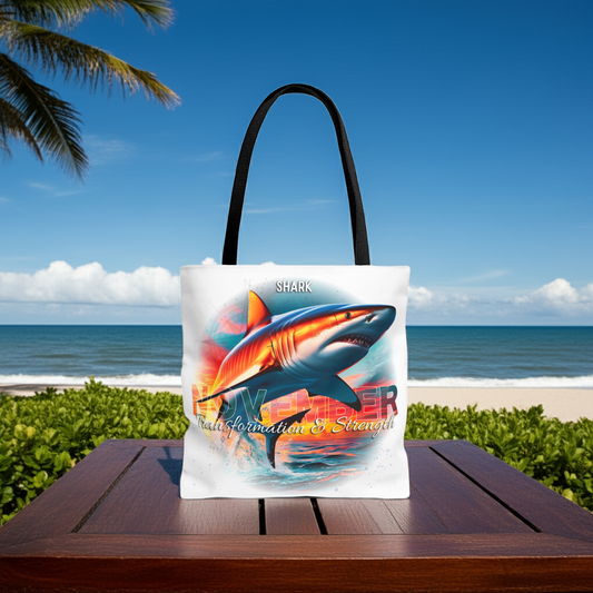 Birth month beach tote with colorful shark design and black handles on wooden table by the ocean