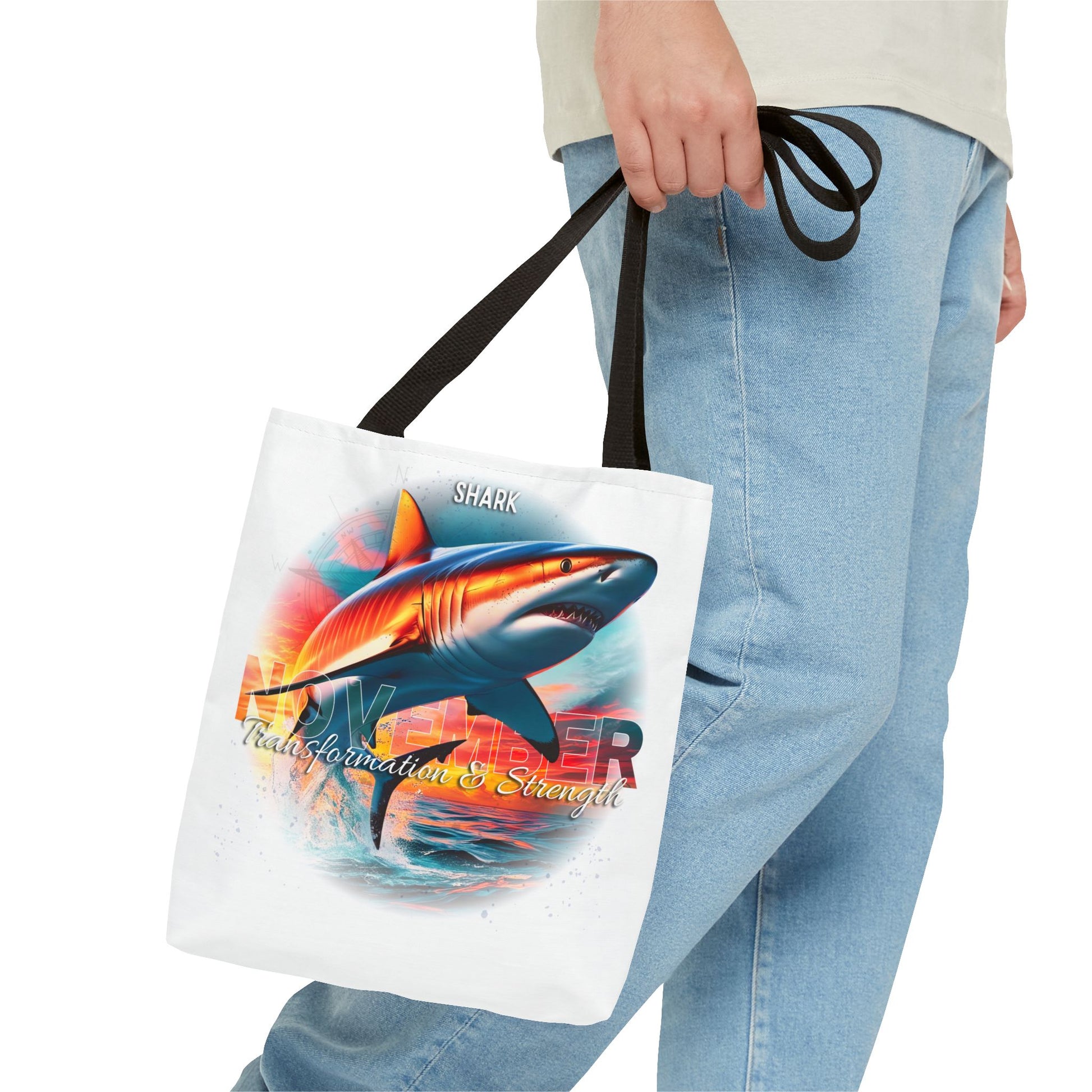 Birth month beach tote with colorful shark design and transformation strength text