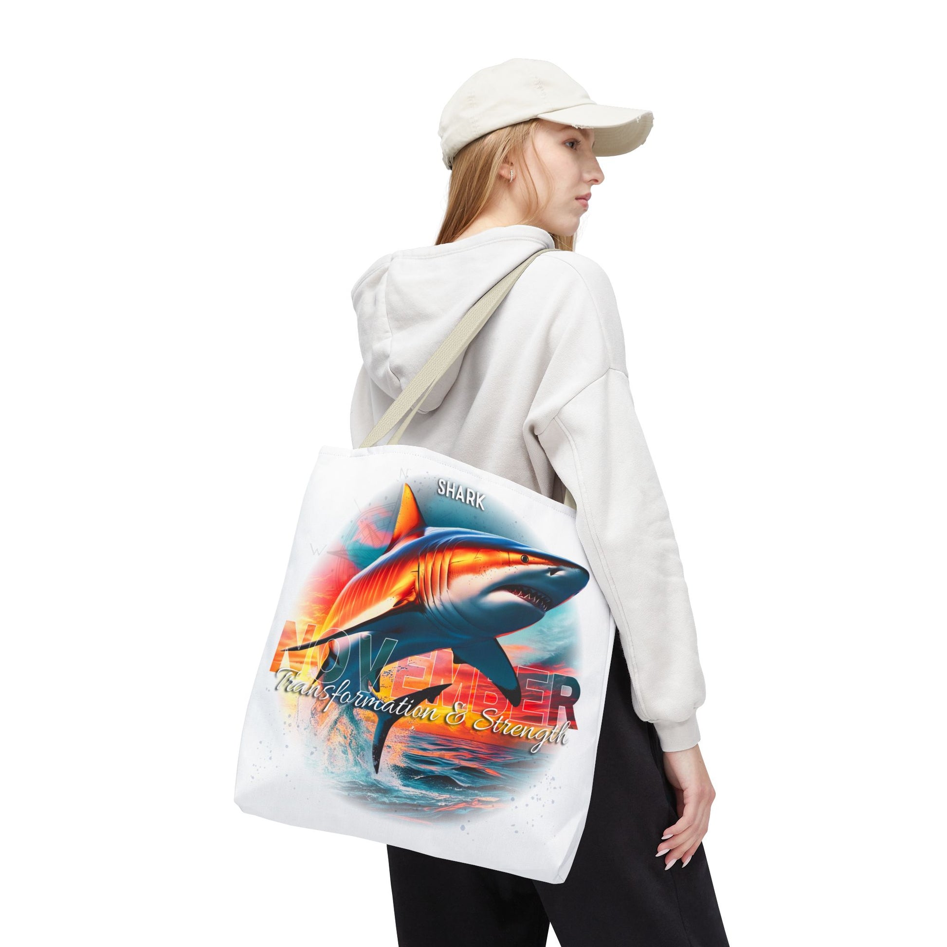 Birth month beach tote featuring a vibrant shark design carried by a woman in casual outfit