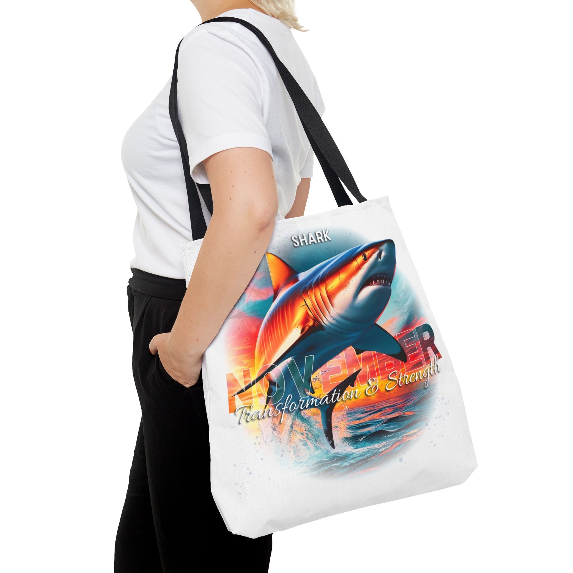 Birth month beach tote with vibrant shark design for transformation and strength
