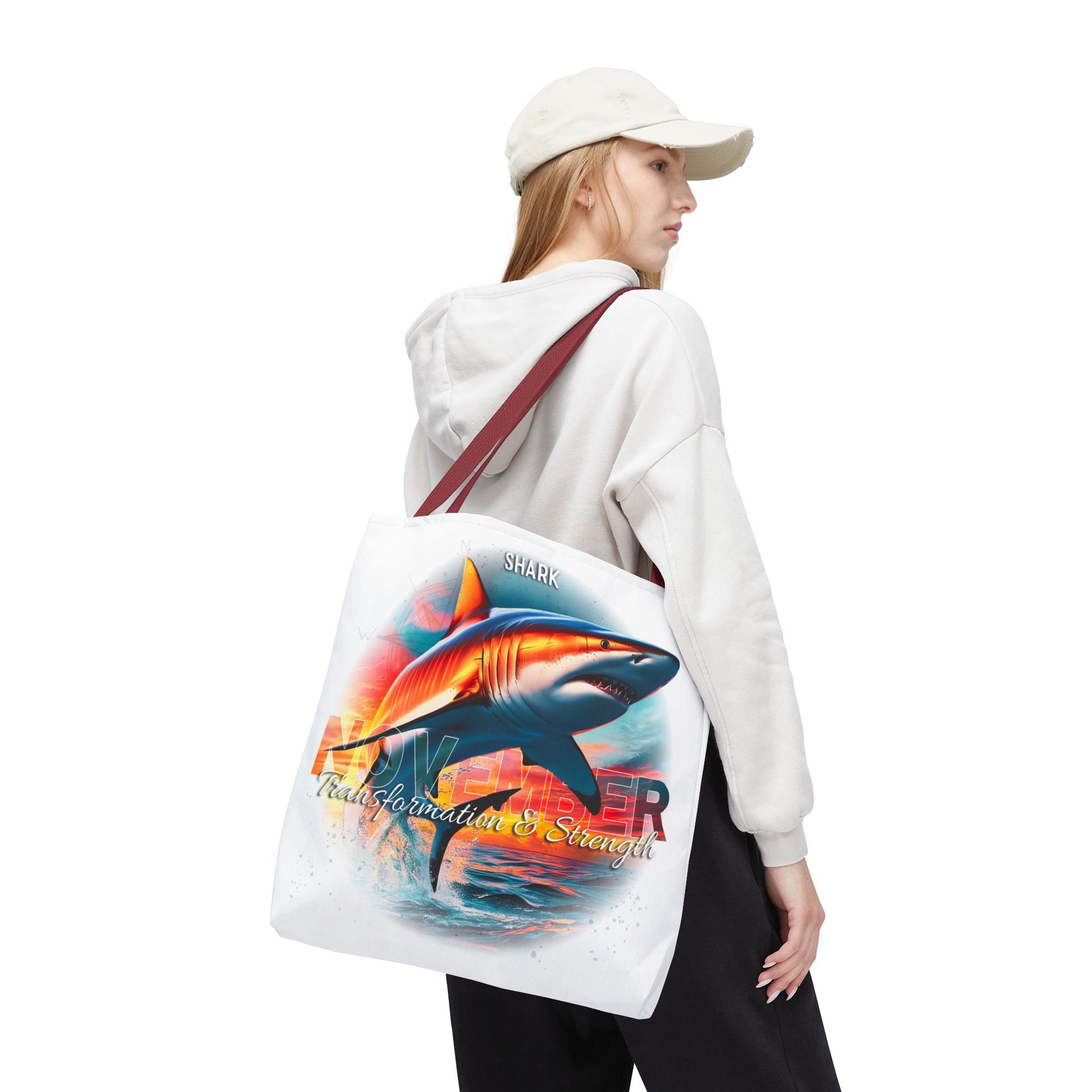 Birth month beach tote featuring bold shark design with transformation and strength theme