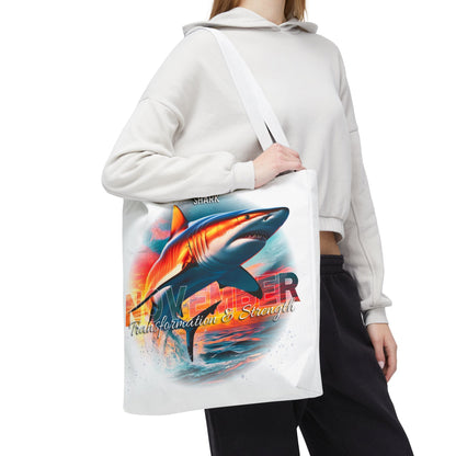 Birth month beach tote with colorful shark design and November text carried by person